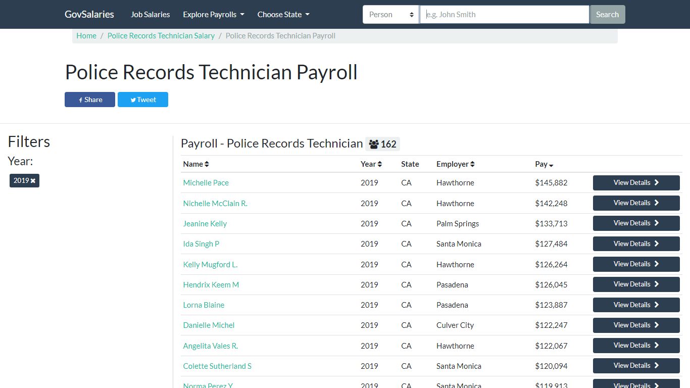 Police Records Technician Payroll | GovSalaries